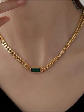 18K Gold Plated Emerald Green Pendant Cuban Chain Necklace